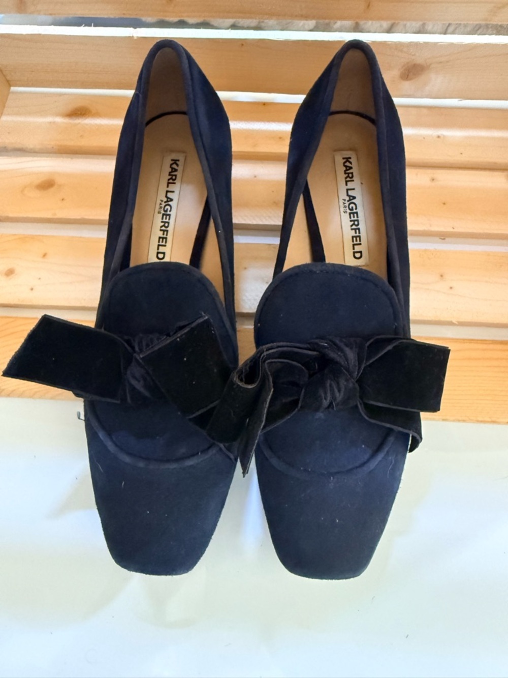 Karl Lagerfeld Navy Blue Suede Loafers with Velvet Bow